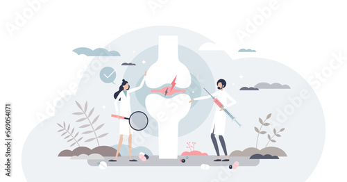Rheumatologist as joint doctor and orthopedic specialist tiny person concept, transparent background. Bone pain examination and leg injury or trauma professional treatment.