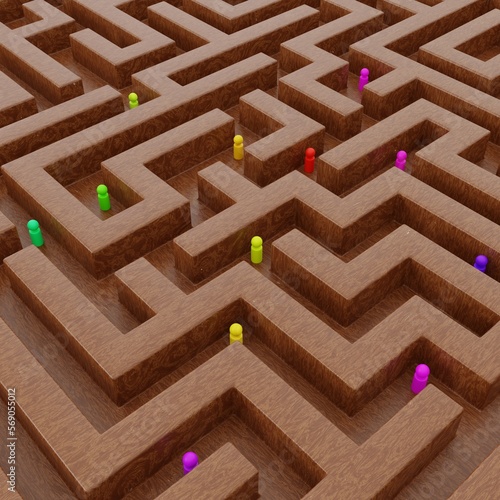 3d illustration of a maze and diverse group of people trying to solve the problem together 