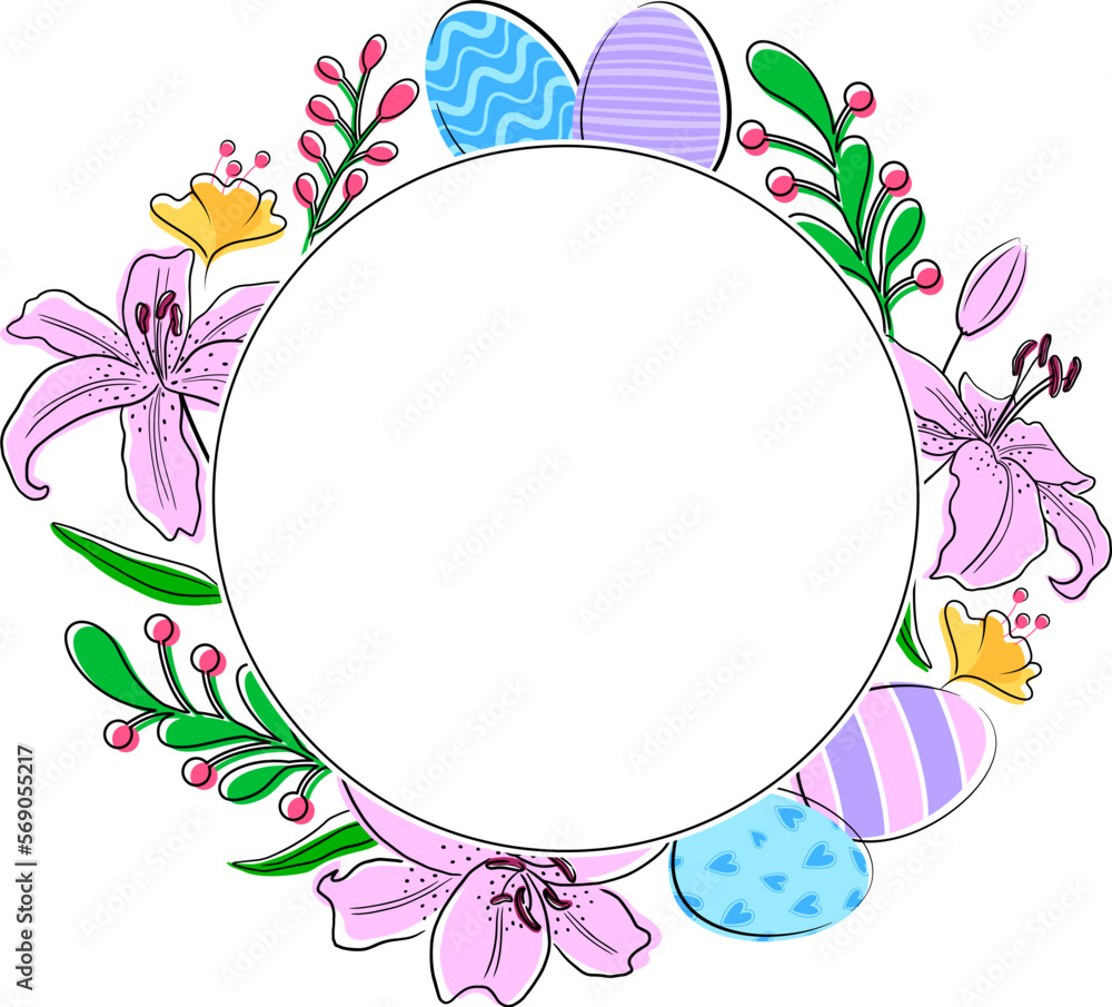 Easter design with flowers, eggs. Easter banner, poster, greeting card. Vector illustration.