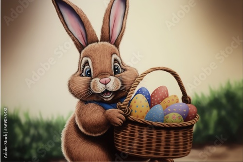 Easter bunny with many colorful eggs created with generative ai technology