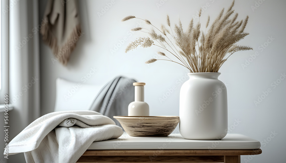 Modern white ceramic vase with dry Lagurus ovatus grass and marble tray on vintage wooden bench, table. Blurred beige linen blanket in front. Scandinavian interior. Empty white wall, copy space Modern white ceramic vase with dry Lagurus ovatus grass and marble tray on vintage wooden bench, table. Blurred beige linen blanket in front. Scandinavian interior. Empty white wall, copy space