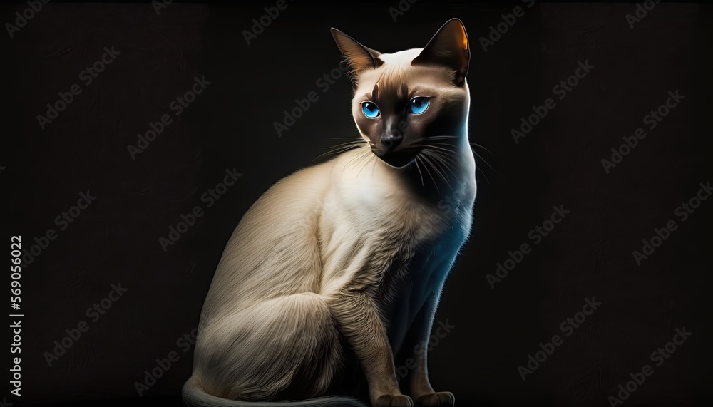 full body siamese cat facing forward isolated on black background