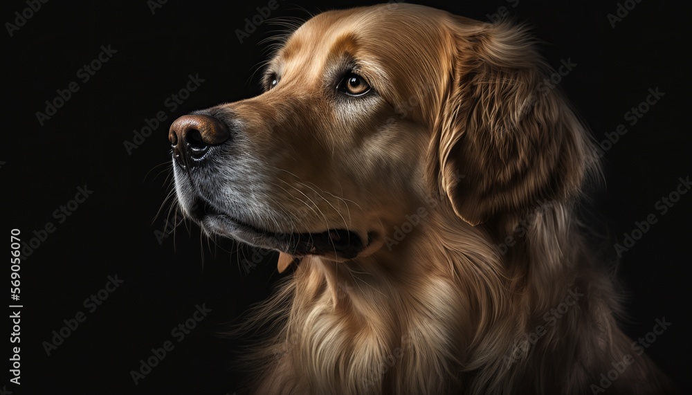 golden retriever left close up on black background