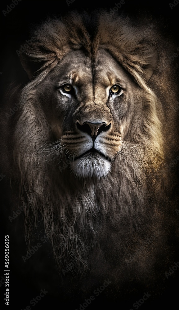 lion king facing forward on black background