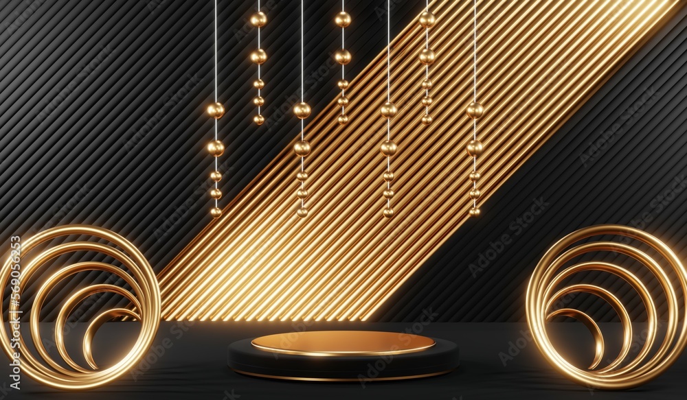 Fototapeta premium 3d render black podium background showcases a premium, minimal and modern design with a combination of geometric shapes, golden glitter and a realistic studio room setting, creating a perfect platform