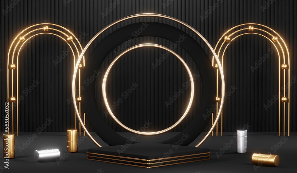 3d render black podium background showcases a premium, minimal and modern design with a combination of geometric shapes, golden glitter and a realistic studio room setting, creating a perfect platform 3d render black podium background showcases a premium, minimal and modern design with a combination of geometric shapes, golden glitter and a realistic studio room setting, creating a perfect platform