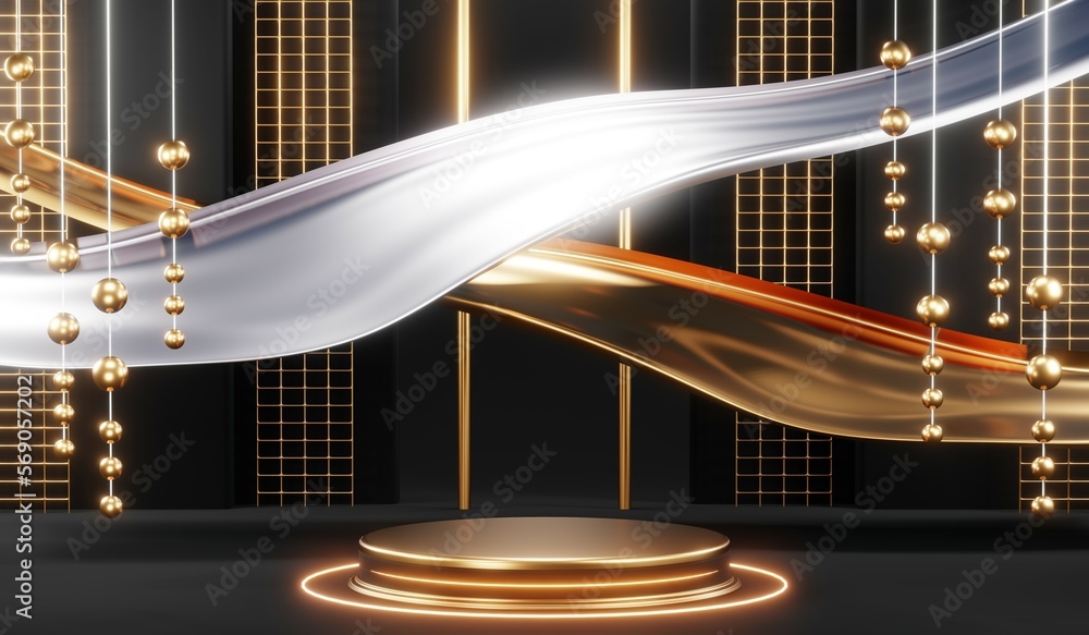 Fototapeta premium 3d render black podium background showcases a premium, minimal and modern design with a combination of geometric shapes, golden glitter and a realistic studio room setting, creating a perfect platform