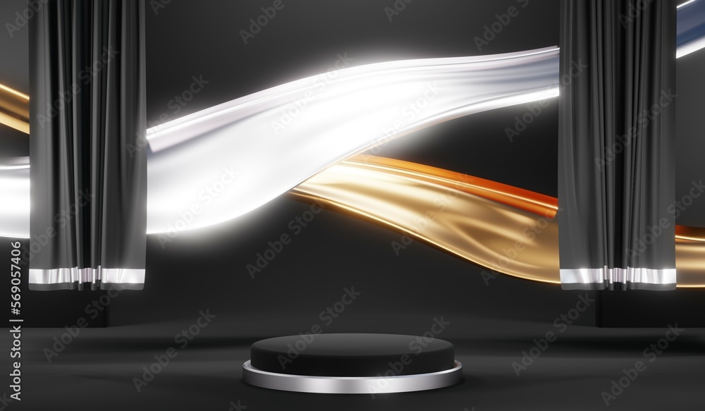 Naklejka premium 3d render black podium background showcases a premium, minimal and modern design with a combination of geometric shapes, golden glitter and a realistic studio room setting, creating a perfect platform