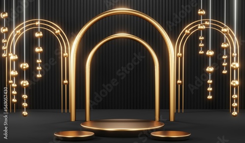 3d render black podium background showcases a premium  minimal and modern design with a combination of geometric shapes  golden glitter and a realistic studio room setting  creating a perfect platform