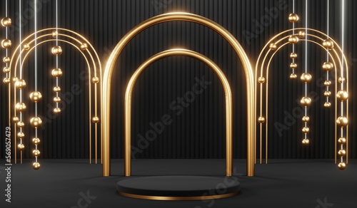 3d render black podium background showcases a premium  minimal and modern design with a combination of geometric shapes  golden glitter and a realistic studio room setting  creating a perfect platform