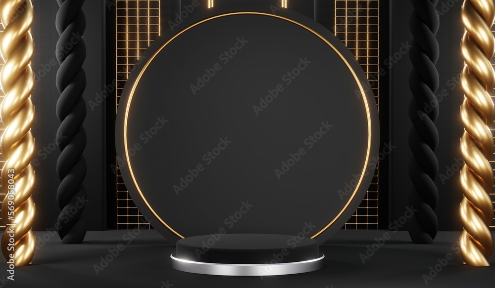 3d render black podium background showcases a premium, minimal and modern design with a combination of geometric shapes, golden glitter and a realistic studio room setting, creating a perfect platform 3d render black podium background showcases a premium, minimal and modern design with a combination of geometric shapes, golden glitter and a realistic studio room setting, creating a perfect platform