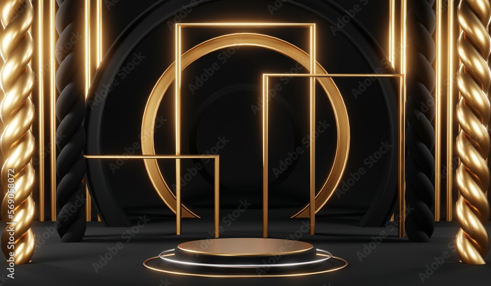 3d render black podium background showcases a premium, minimal and modern design with a combination of geometric shapes, golden glitter and a realistic studio room setting, creating a perfect platform