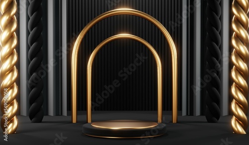 3d render black podium background showcases a premium  minimal and modern design with a combination of geometric shapes  golden glitter and a realistic studio room setting  creating a perfect platform