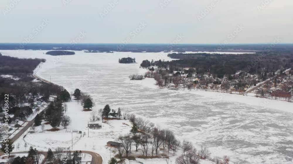 Aerial, frozen Wisconsin River during winter in Stevens Point Aerial, frozen Wisconsin River during winter in Stevens Point