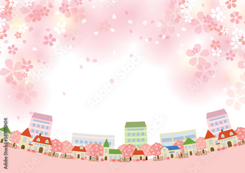 ほわほわ桜の下の街並みヨコ