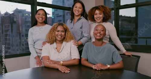 Business people, face and smile of corporate team, about us or organization relaxing at office together. Group portrait of happy employee women smiling for teamwork success or staff at workplace photo