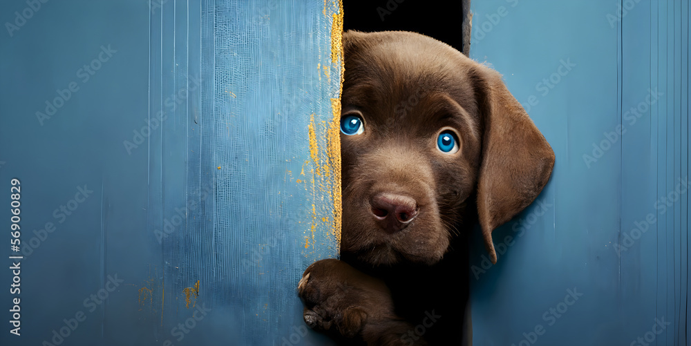 Adorable baby Labrador dog peeks from blue wall in portrait brown