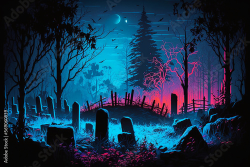 moonlit cemetery on a field. Generative AI Fototapet