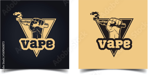 Vape, Vaporizer Logo design. Hand hold vape pen with e-cigarette device Isolated on black background