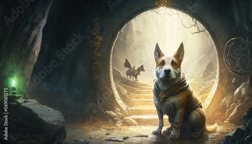 Creative 4k high resolution wallpaper art of a dog inspired by game movie with Epic and fantastical Middle-earth settings, including forests, mountains, and castles by Gongbi (generative AI) photo