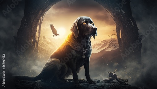 Creative 4k high resolution wallpaper art of a dog inspired by game movie with Epic and fantastical Middle-earth settings, including forests, mountains, and castles by Tenebrism (generative AI)