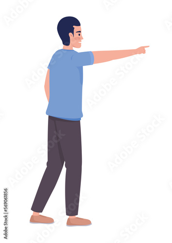 Man in casual clothes showing direction with finger semi flat color vector character. Editable full body person on white. Simple cartoon style illustration for web graphic design and animation © The img