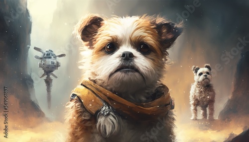 Creative 4k high resolution wallpaper art of a dog inspired by game movie with Iconic and imaginative science fiction, including planets, spacecraft, and aliens by Gongbi (generative AI) photo