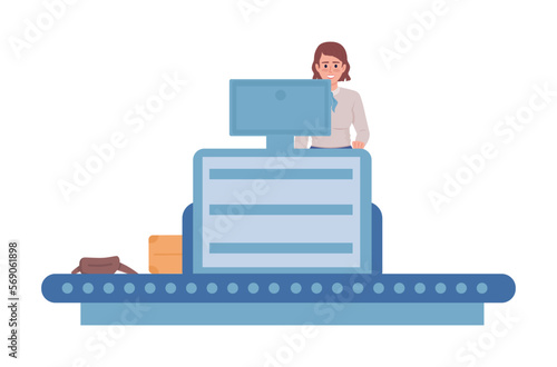 Female baggage and cargo handler in airport semi flat color vector character. Editable figure. Full body person on white. Simple cartoon style illustration for web graphic design and animation photo