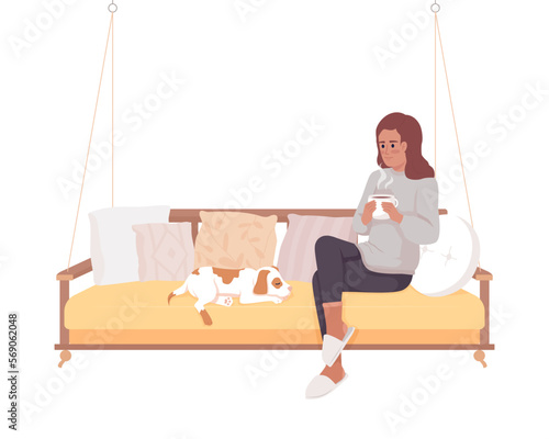 Woman sitting on garden swing with dog and coffee semi flat color vector character. Editable figure. Full body person on white. Simple cartoon style illustration for web graphic design and animation