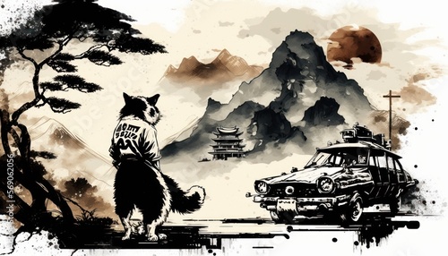 Creative 4k high resolution wallpaper art of a dog inspired by game movie with Iconic time-traveling adventures with futuristic and 1950s Americana settings by Sumi-e (generative AI)