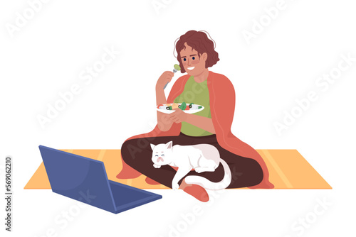 Woman watching tv shows on laptop and eating salad semi flat color vector character. Editable figure. Full body person on white. Simple cartoon style illustration for web graphic design and animation