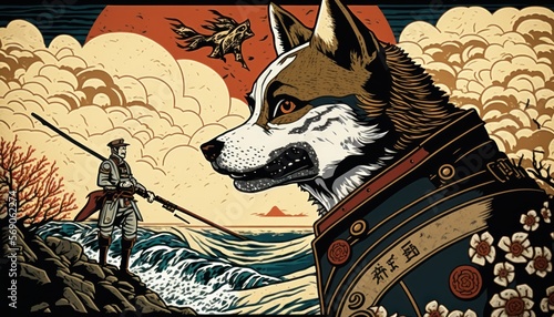Creative 4k high resolution wallpaper art of a dog inspired by game movie with Kingdoms and landscapes with a mix of fantastical creatures and characters by Ukiyo-e (generative AI)