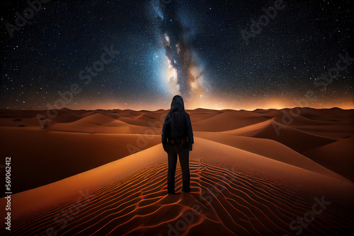 A man standing in the middle of a desert under a star filled sky with a spiral of stars in the distance, space art, astrophotography. © Nomad