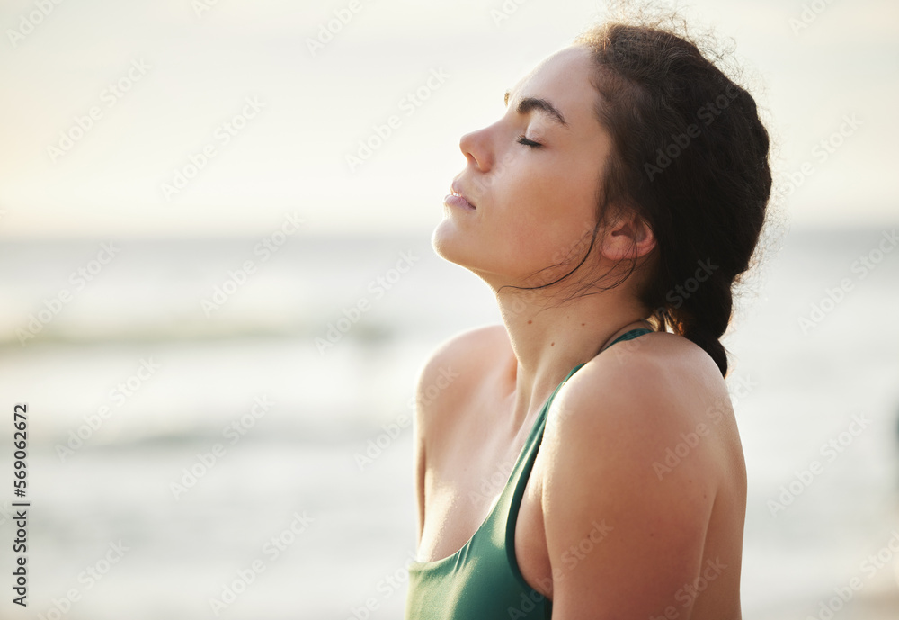 Meditate, mockup and yoga by woman at the beach, sea and ocean for calm, peace and clear mind and soul. Zen, meditation and young female relax at shore for fitness, exercise and workout Meditate, mockup and yoga by woman at the beach, sea and ocean for calm, peace and clear mind and soul. Zen, meditation and young female relax at shore for fitness, exercise and workout
