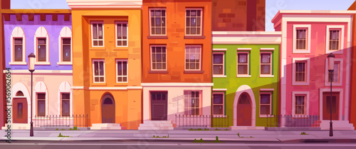 Cartoon city street in vector. Mayfair district in London. Town panorama illustration for horizontal banner or advertising. Empry neighborhood for game design.