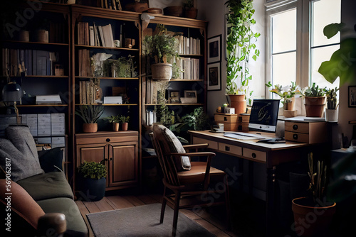 A room with a desk, chair, and bookshelf with plants on it and a laptop on the desk.