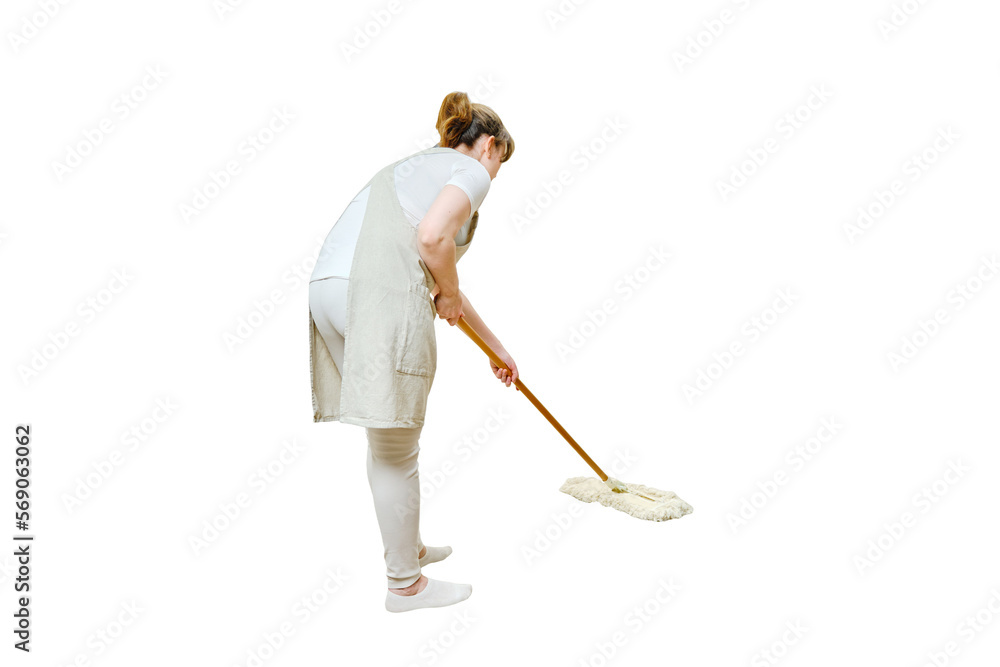 A woman in an apron cleans the floor with a mop in a home kitchen, isolated on a white background A woman in an apron cleans the floor with a mop in a home kitchen, isolated on a white background