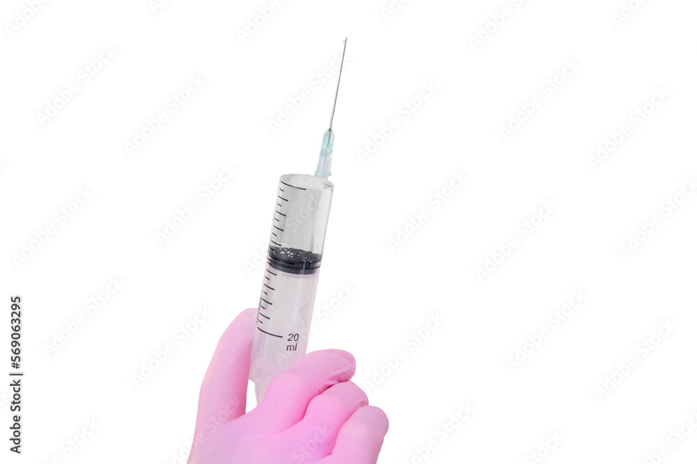 The doctor uses a syringe to inject, isolated on a white background. A nurse in uniform is preparing to vaccinate The doctor uses a syringe to inject, isolated on a white background. A nurse in uniform is preparing to vaccinate
