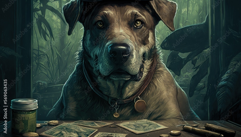 Creative 4k high resolution wallpaper art of a dog inspired by game movie with Prehistoric environments with dinosaurs and tropical island settings by Printmaking (generative AI)