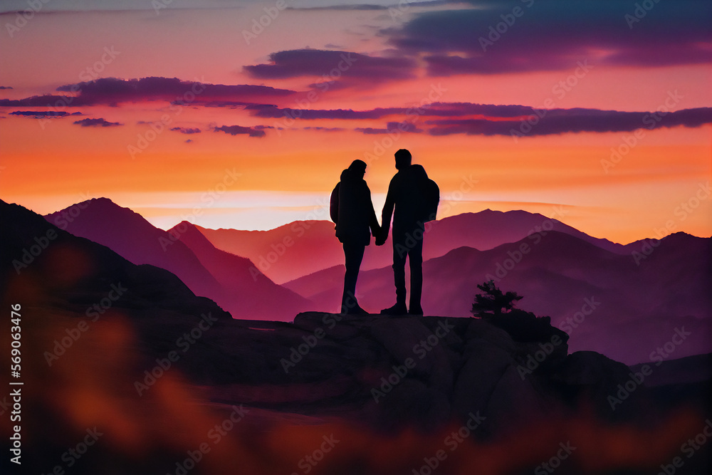 Two people standing on a mountain top at sunset with a  view