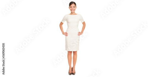 Full body woman portrait standing in business dress suit in full length isolated cutout PNG on transparent background. Beautiful Chinese Asian / white Caucasian businesswoman in her mid twenties.