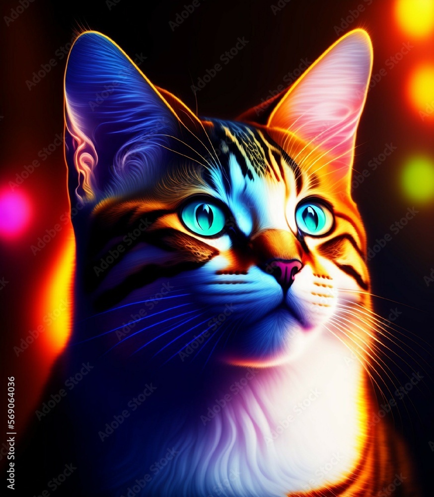 An orange striped cat looks up with reflections of lights, generative AI An orange striped cat looks up with reflections of lights, generative AI
