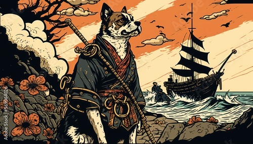 Creative 4k high resolution wallpaper art of a dog inspired by game movie with Swashbuckling pirate adventures on the high seas with action, humor, and supernatural by Ukiyo-e (generative AI) photo