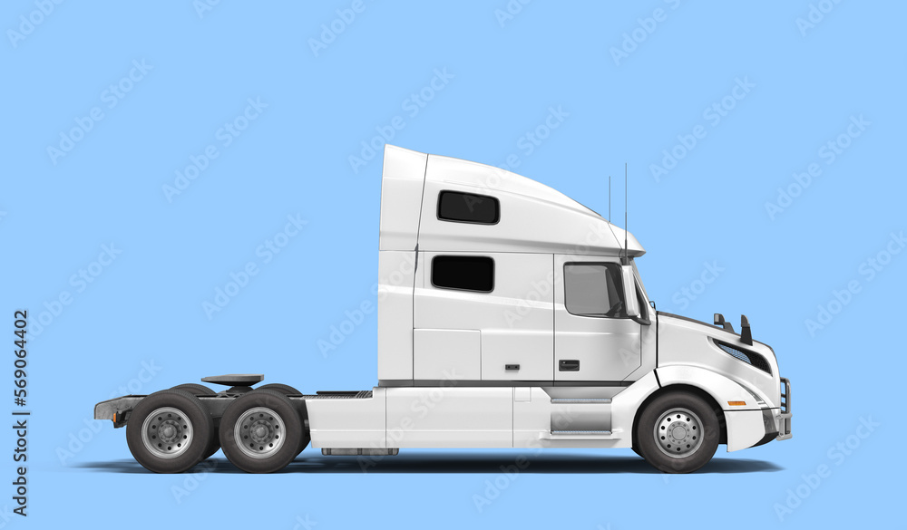 White semi truck with black inserts with carrying capacity of up to five tons side view 3d render on blue background