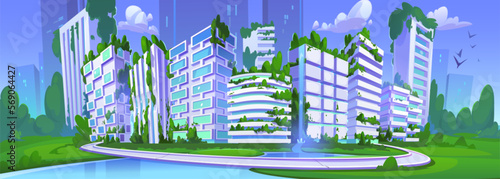 Futuristic smart city with eco buildings. Future sustainable town cityscape with houses and offices with garden on rooftop and waterfall, green trees and grass, pond, vector illustration