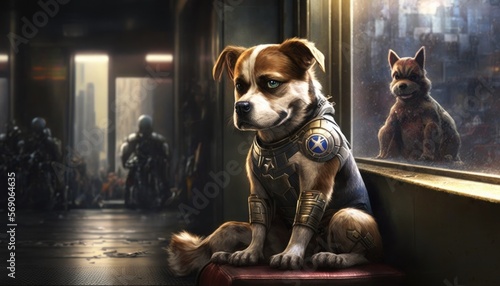 Creative 4k high resolution wallpaper art of a dog inspired by game movie with Urban, high-tech and fantastical settings, battles of heroes against villains by Printmaking (generative AI)