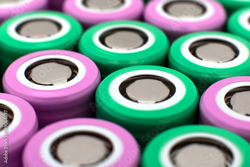 Macrophotography of li-on batteries for machinery, 18650 rechargeable batteries, recyclable