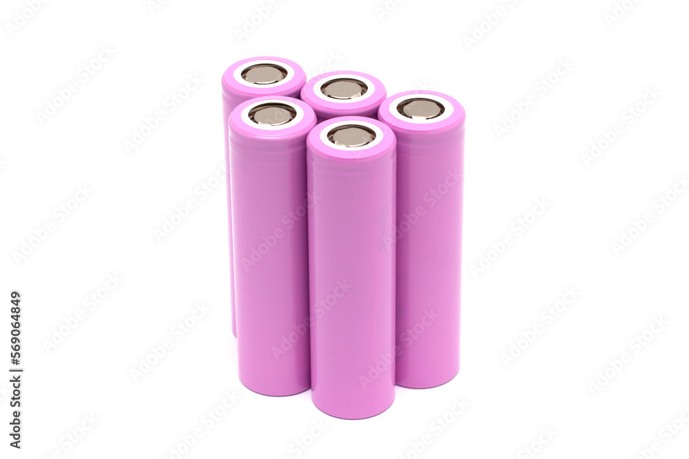 Five single-use batteries for electronics, lithium-ion 18650 batteries isolated on a white background Five single-use batteries for electronics, lithium-ion 18650 batteries isolated on a white background