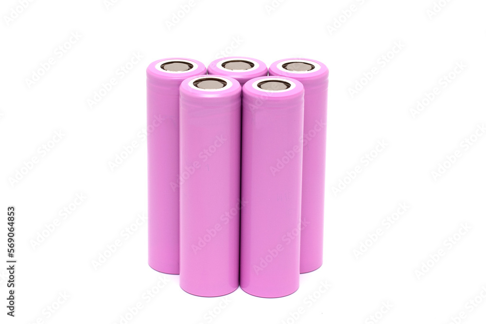 Five single-use batteries for electronics, lithium-ion 18650 batteries isolated on a white background Five single-use batteries for electronics, lithium-ion 18650 batteries isolated on a white background