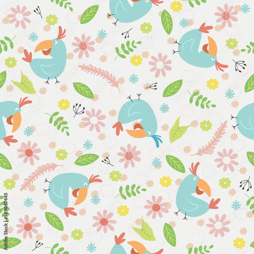 Seamless pattern with tropical birds and plants, cartoon flat style.